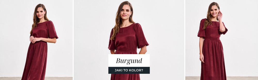 Kobieta w burgundowej sukience midi z satyny, ciemna czerwień z fioletowym podtonem.