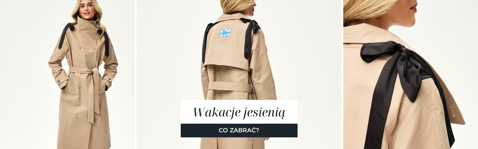Kobieta w klasycznym trenczu, stylizacja na jesienny wyjazd.