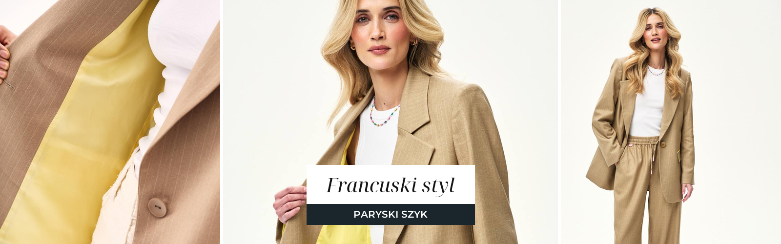 Kobieta w kamelowej marynarce i białym topie w duchu paryskiego szyku, baner artykułu o francuskim stylu ubierania.