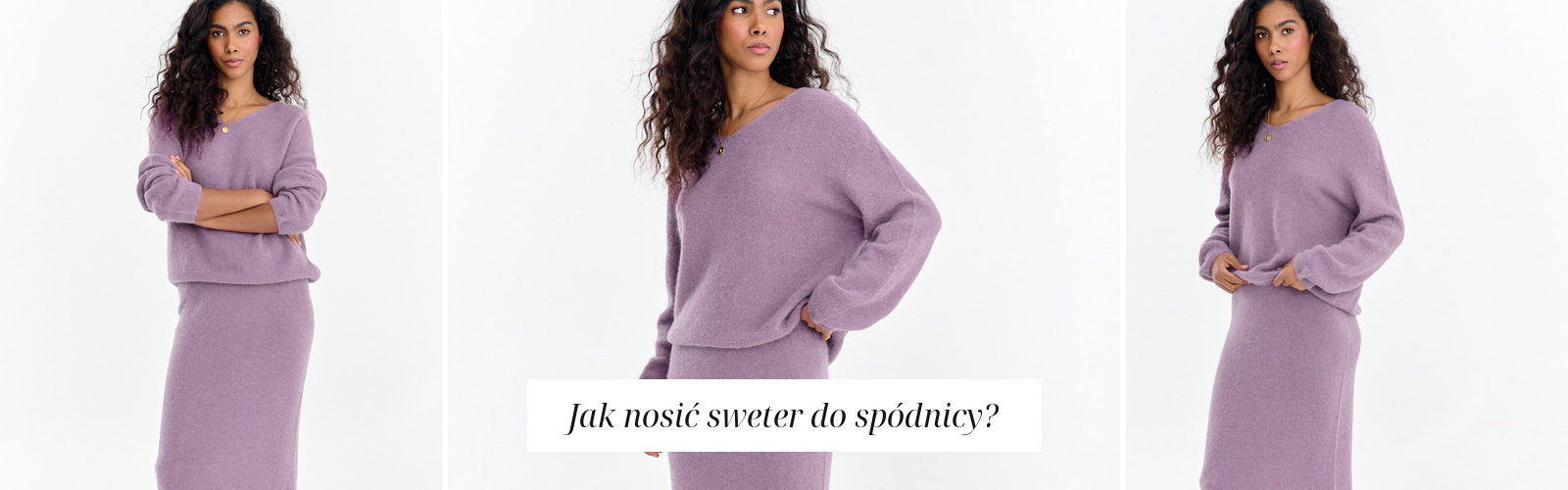 Kobieta w liliowym komplecie dzianinowym: sweter i spódnica midi, jesienna stylizacja.