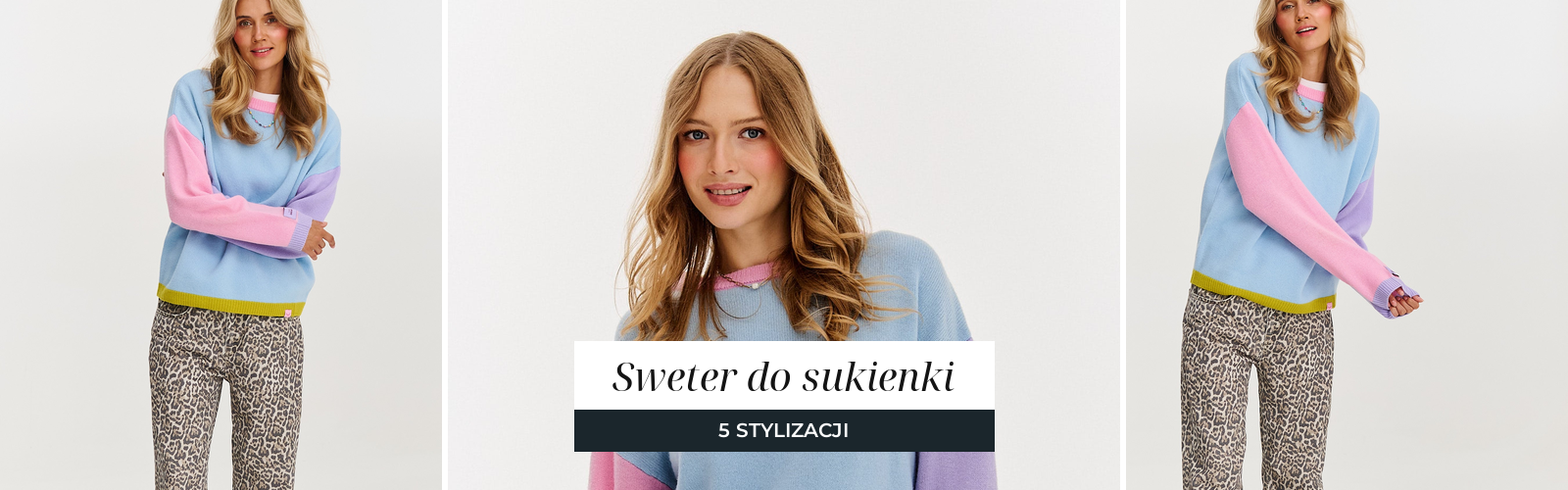 Kobieta w wełnianym swetrze, baner poradnika o łączeniu swetra z sukienką.