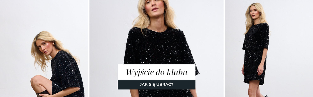Kobieta w czarnej cekinowej sukience, wieczorowa stylizacja na wyjście.
