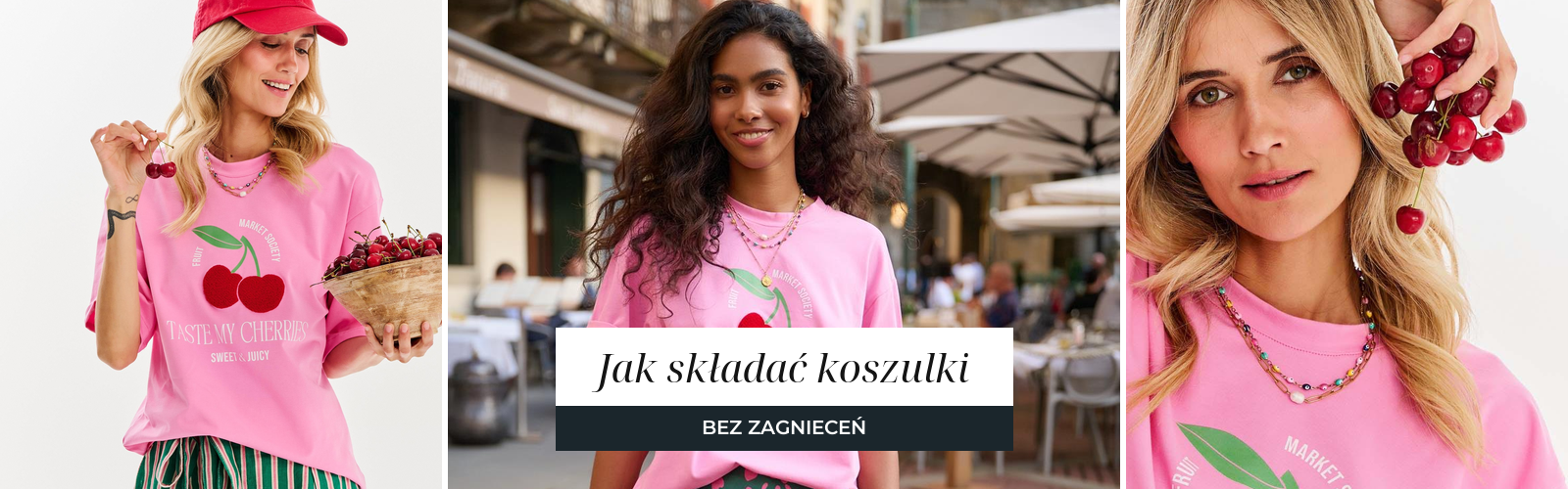 Kobieta w bawełnianym t-shircie, baner poradnika o składaniu koszulek bez zagnieceń.