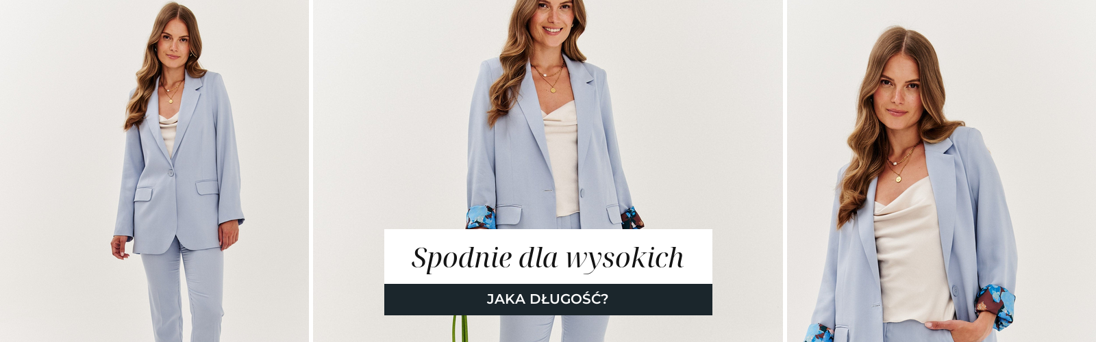 Kobieta w błękitnym garniturze ze spodniami o długości do kostki, sylwetka w pełnej postaci.