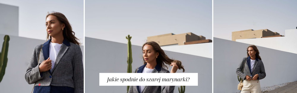 Szara marynarka zestawiona ze spodniami, stylizacja na przełom sezonów.