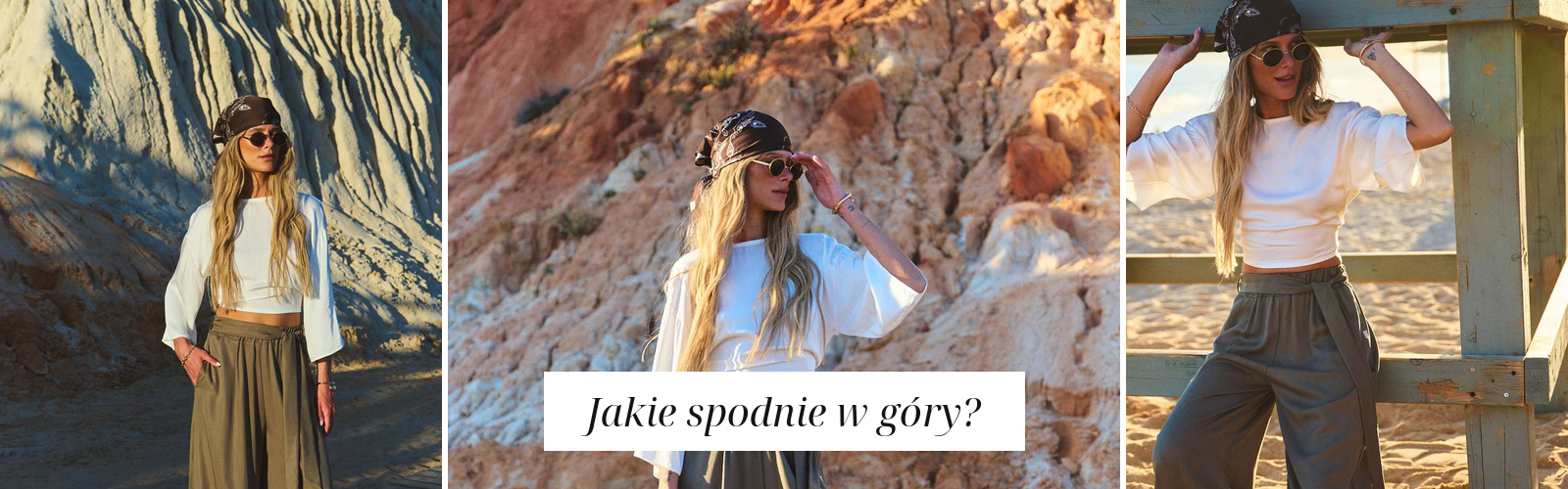 Khaki szerokie spodnie w plenerze, wygodna stylizacja na wyjazd.