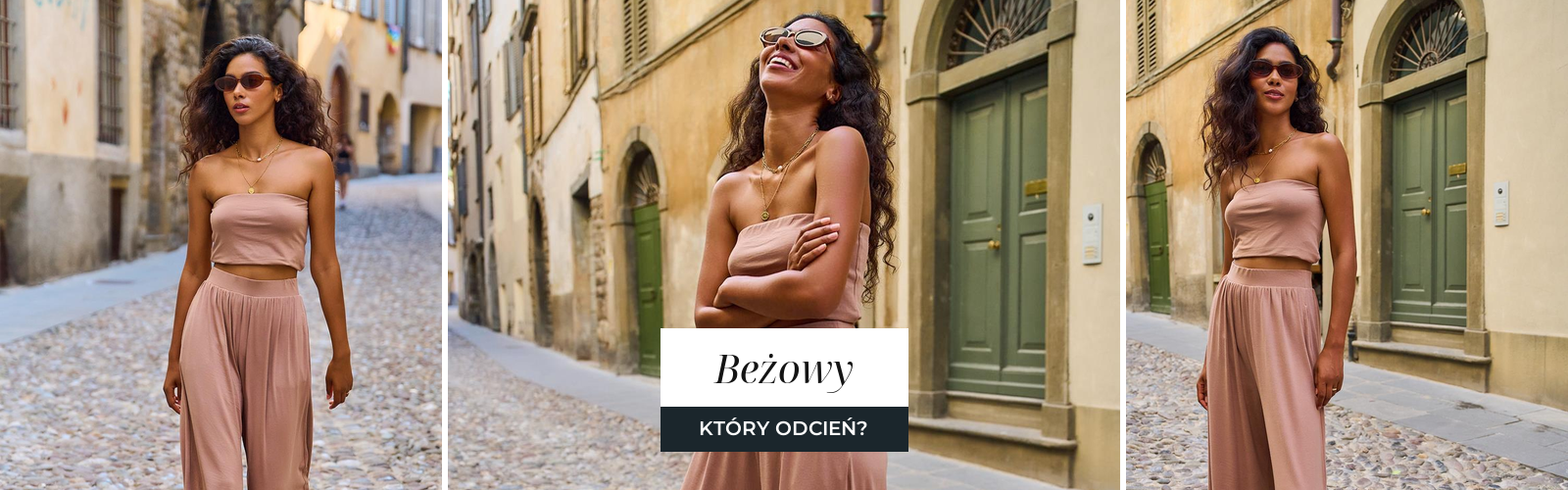 Komplet w piaskowym beżu: top i szerokie spodnie
