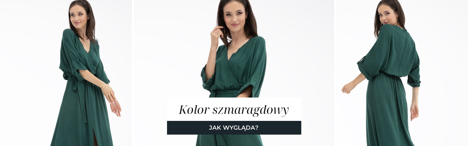 Kobieta w długiej szmaragdowej sukience z wiązaniem, nasycona zieleń w wieczorowym wydaniu.