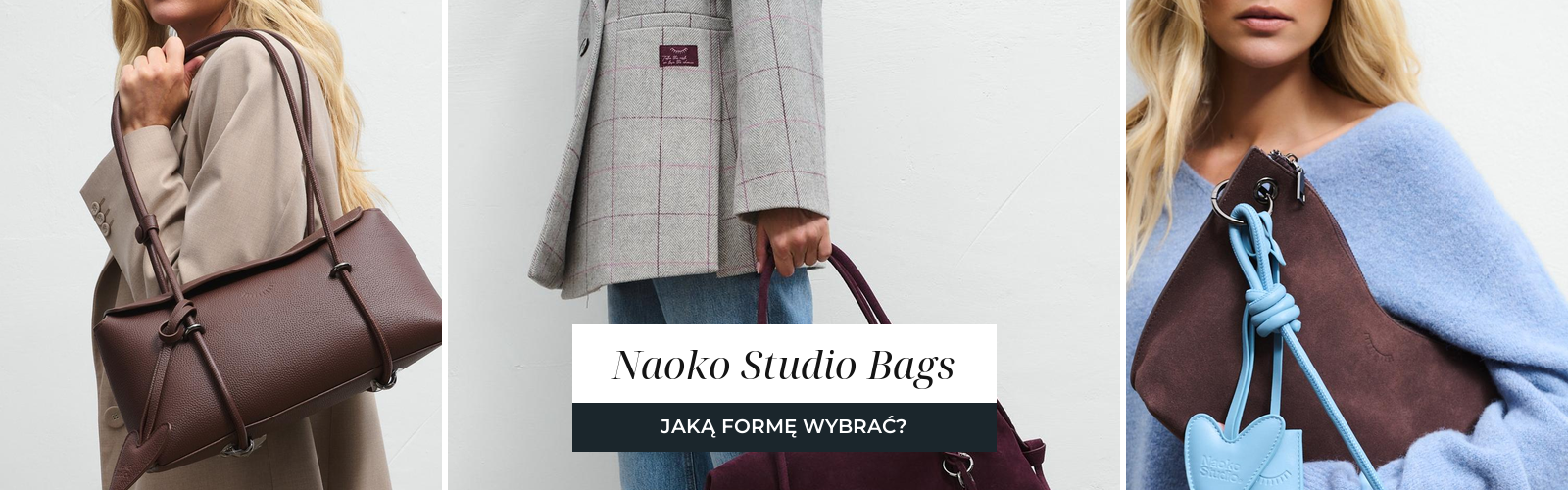 Trzy torebki z kolekcji Naoko Studio Bags: czekoladowy brąz, burgund i zamsz z błękitną zawieszką
