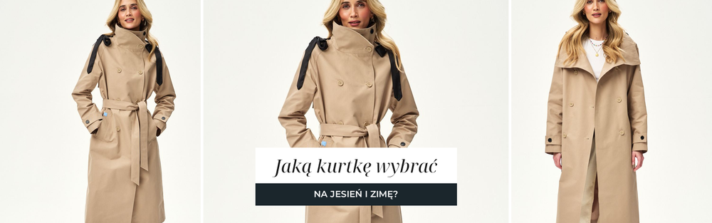 Kobieta w beżowym trenczu z paskiem, długość poniżej kolan, jasne spodnie pod spodem.