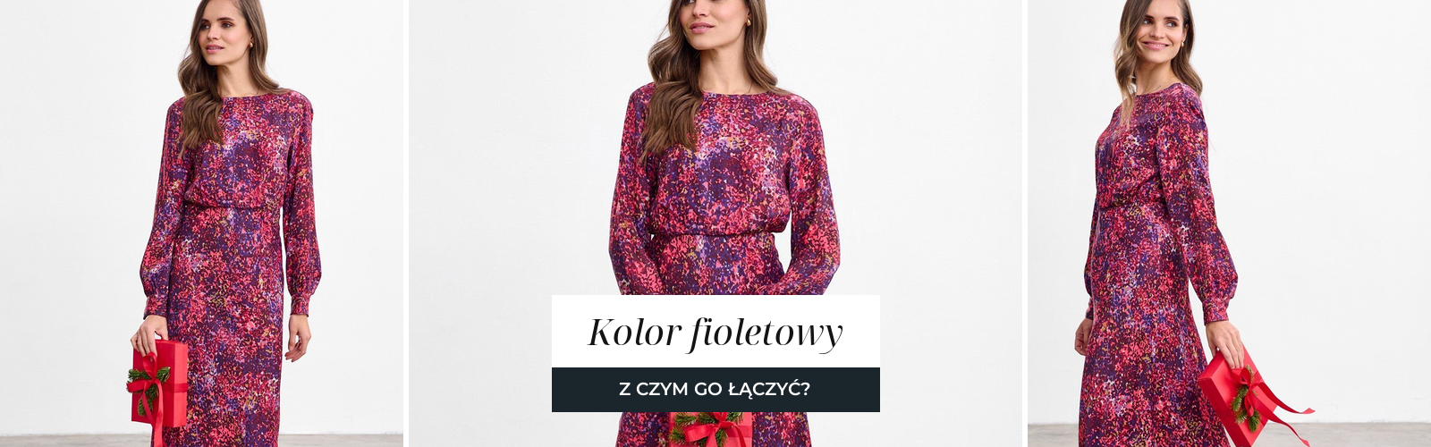 Kobieta w długiej fioletowej sukience we wzór, głęboki odcień z czerwoną nutą.