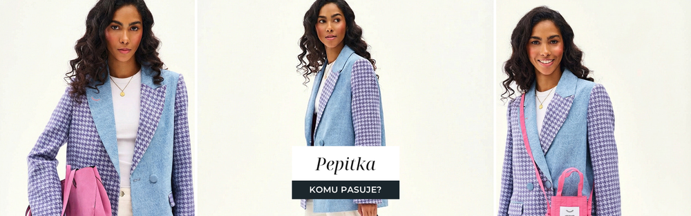 Kobieta w marynarce w pepitkę w odcieniu liliowym, zestawionej z białą koszulą i jasnymi spodniami.