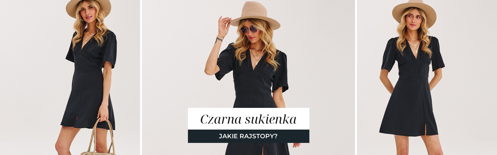 Kobieta w czarnej sukience mini z dekoltem V, jesienna stylizacja z kapeluszem.