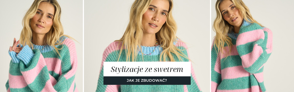Kobieta w swetrze z wełny w różowo miętowe pasy, luźny krój na jasnych spodniach.