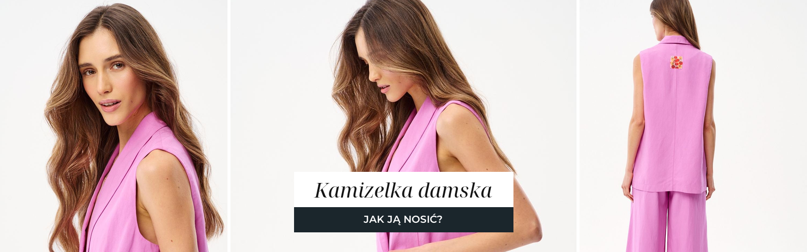 Kobieta w kamizelce damskiej, warstwowa stylizacja.
