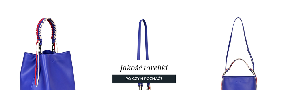 Kobaltowa skórzana torebka, widoczne szwy i okucia