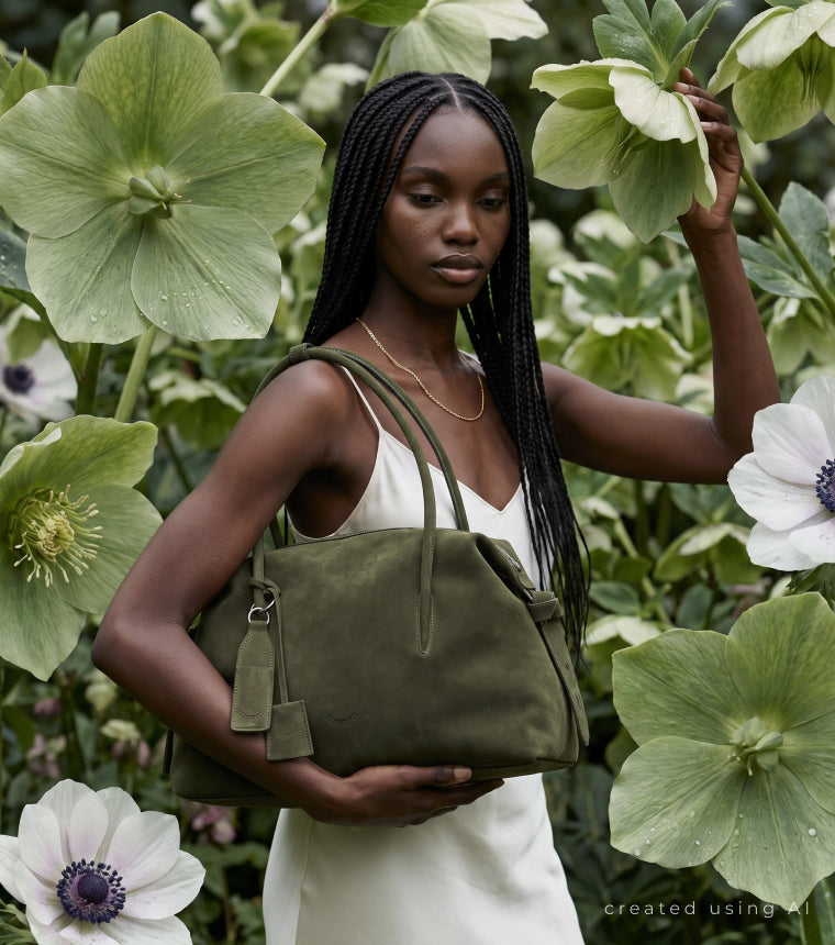 Modelka z oliwkową torbą Naoko Bags wśród kwiatów